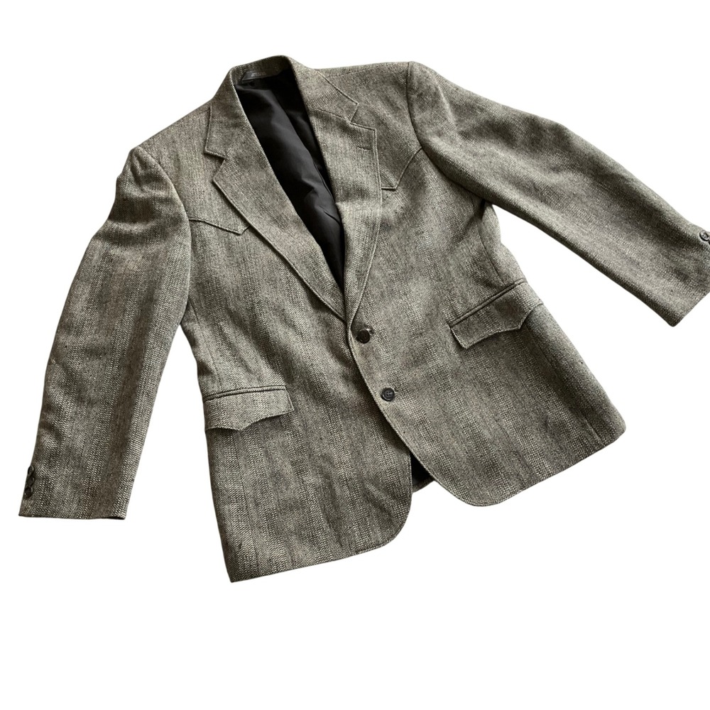 Taos Country Western Blazer Mens L Grey Herringbone Tweed Sport Coat USA Made